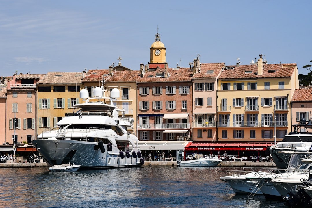 Yachts docked at a colorful seaside town.